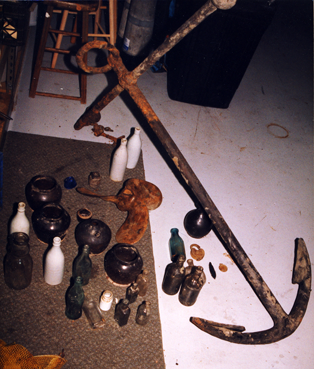 Items recovered from the Sacramento River--the large anchor is on display in Chase Hall